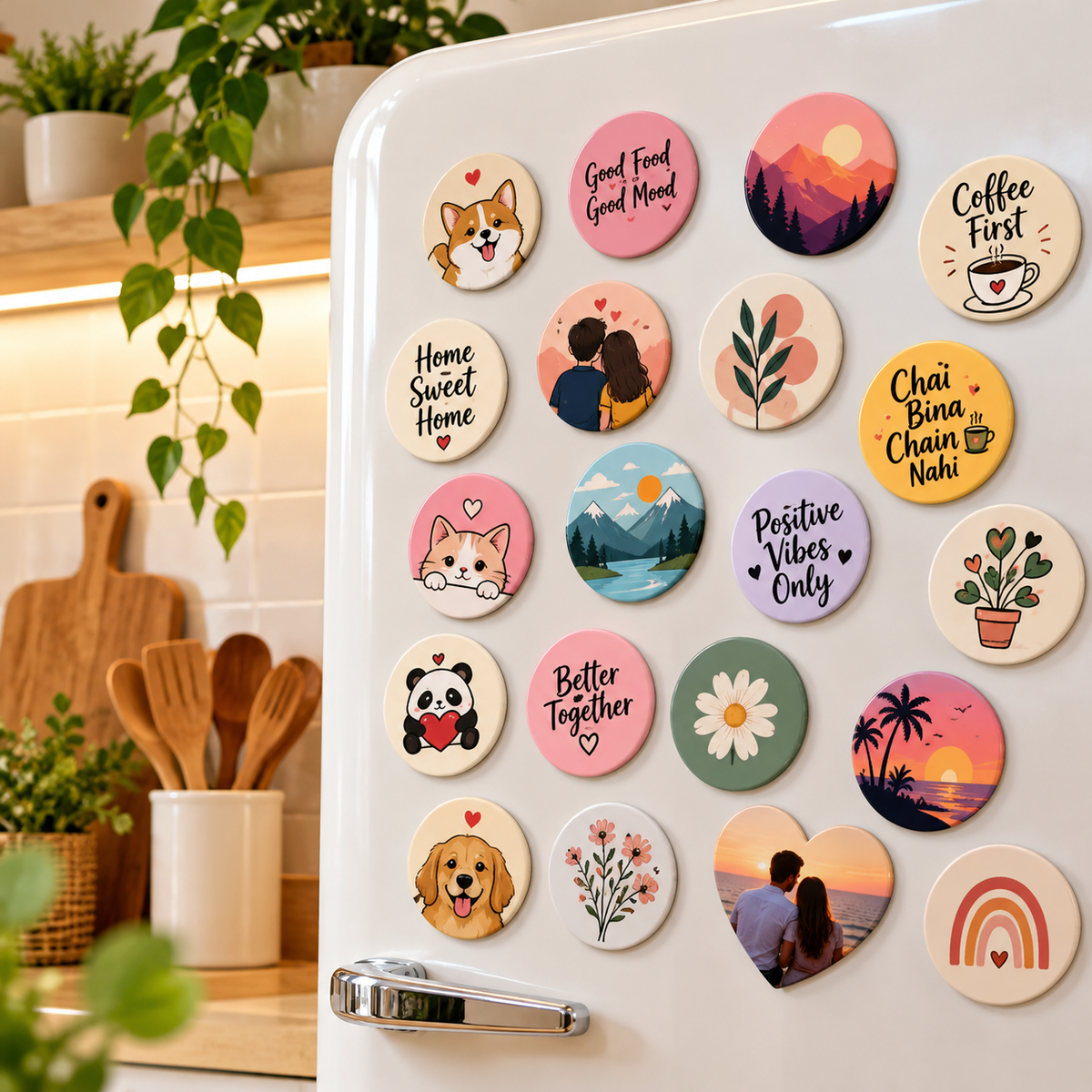 Colorful decorative fridge magnets displayed on a white kitchen refrigerator